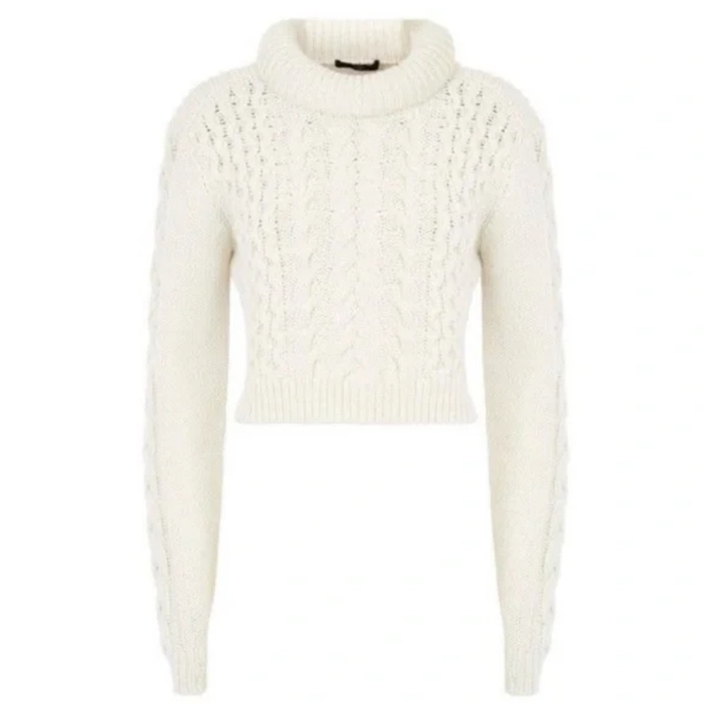 Tibi Cropped Cable Knit Cream Turtleneck Wool and Acrylic Winter Sweater